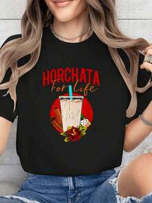 La ilustración muestra un vaso de horchata, coronado con una flor roja de canela y un dado, que simboliza el amor y la buena suerte para esta bebida tradicional mexicana. Combina energía y - Negro - Ver 2
