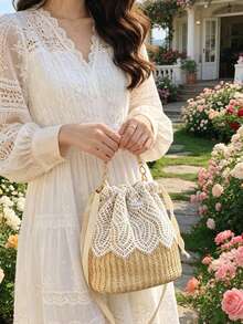 Lace Trim Straw Bucket Bag, Versatile Women's Crossbody Bag, Drawstring Closure, Vacation Style, Suitable For Commuting, Dating And Vacation - Multicolor - View 4