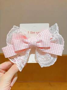 Cute Girls Plaid Lace Bow Hairpin 1pc, Pink Long Ribbon Tassel Hair Barrette Daily Party Sweet Hair Accessory - Multicolor - View 6