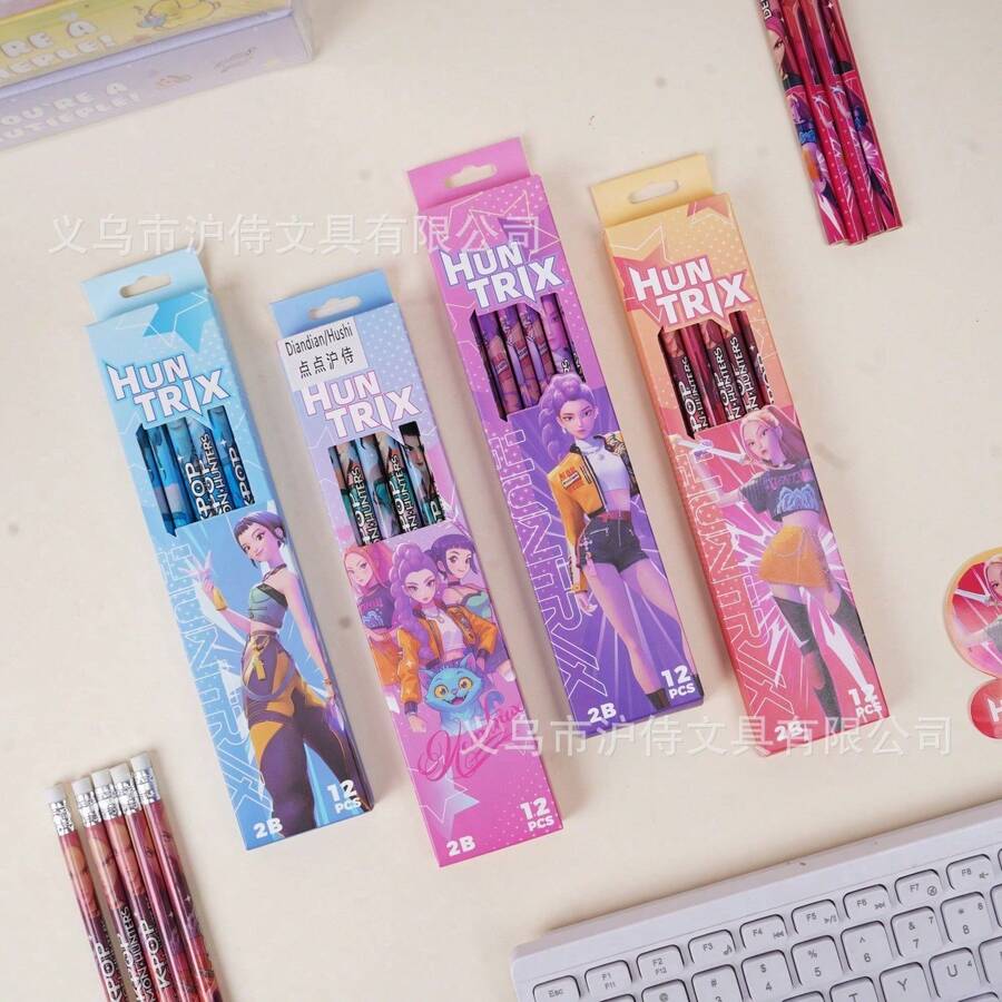 12pcs K-Pop High Quality Graphite Pencil Set, Cute Cartoon Character Print Exam Pencils, Aesthetic Smooth Writing Pencils, Suitable For Homework And Office Documents - Multicolor - View 1