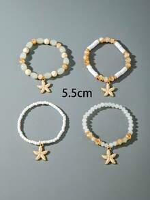 4pcs/Set Fashionable Beach Vacation Style Beaded Starfish Bracelet Set, Suitable For Women's Beach Party, Holiday Wear, Gift For Friends Jewelry - White - View 9
