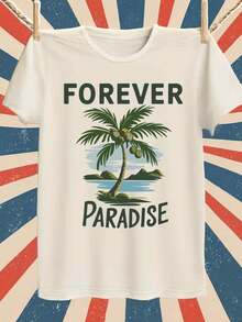 1 camiseta vintage para hombre con estampado de paraíso tropical - blanca, con estampados de palmeras tropicales y motivos de paraíso eterno, ligera y transpirable, de manga corta, cuello re - Blanco - Ver 1