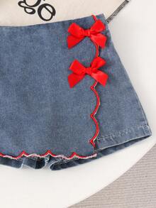 2pcs Set Baju Bayi Perempuan Lucu Polo Kerah Merah Tank Top Putih Bergaris & Rok Denim, Tipis untuk Musim Panas - Putih - View 4