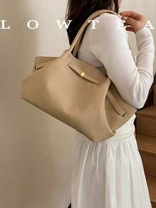 1pc Solid Color PU Fabric Shoulder Bag Women's Vintage Fashion Large Capacity Tote Bag With Strap Decoration, Magnetic Closure, Double Handle Design, Snap Closure, Suitable For Travel, Shopping, Dating, Women's Gift, Suitable For Teenage Girls, College Students, Beginners And White-Collar Workers, Perfect For Office, Campus, Work, Business, Commuting, Outdoor, Travel, Outing - Khaki - View 6