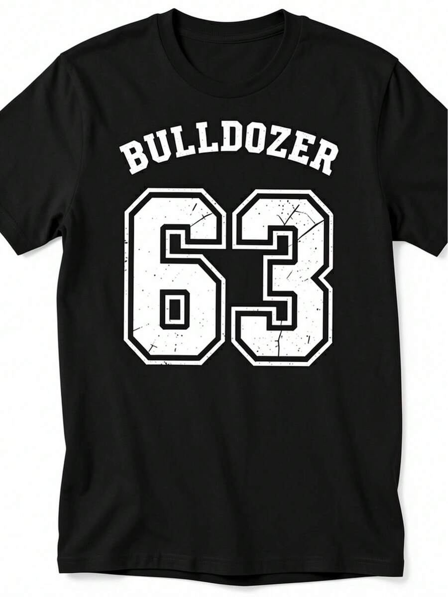 Men'S Black And White Casual Short Sleeve Slim Fit Tee Featuring A '63' Number And Bulldozer Graphic, Designed YearRound Comfort And Easy Washing Men'S Short Sleeve - 後退 - 查看 1