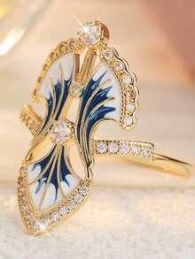 Blue Enamel Plant Leaf Design Women's Ring With Sparkling Synthetic Cubic Zirconia, Fresh Style Party & Daily Fashion Accessory, Versatile Jewelry - Multicolor - View 8