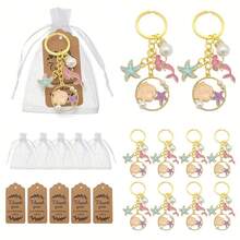 30pcs Ocean Theme Starfish And Mermaid Pearl Keychains, Includes 10 Keychains, 10 Thank You Cards And 10 Organza Bags. Perfect For Decorating Backpacks, Cars And DIY Party Supplies. - Multicolor - View 2
