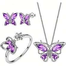 Butterfly Trio Jewelry Set - Amethyst Birthstone Necklace, Earrings, And Ring Series, Suitable For Daily And Birthday Surprises - Purple - View 15