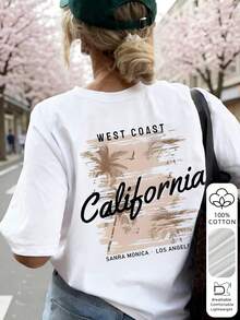 T-shirt vintage bianca a maniche corte da donna, girocollo, con stampa di palme da cocco colorate. Un capo versatile, adatto a ogni occasione. - Bianco - Visualizzare 1