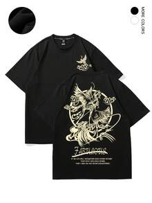 Camiseta negra para hombre de corte holgado, con diseño original de ropa urbana inspirada en el estilo chino. - Negro - Ver 1