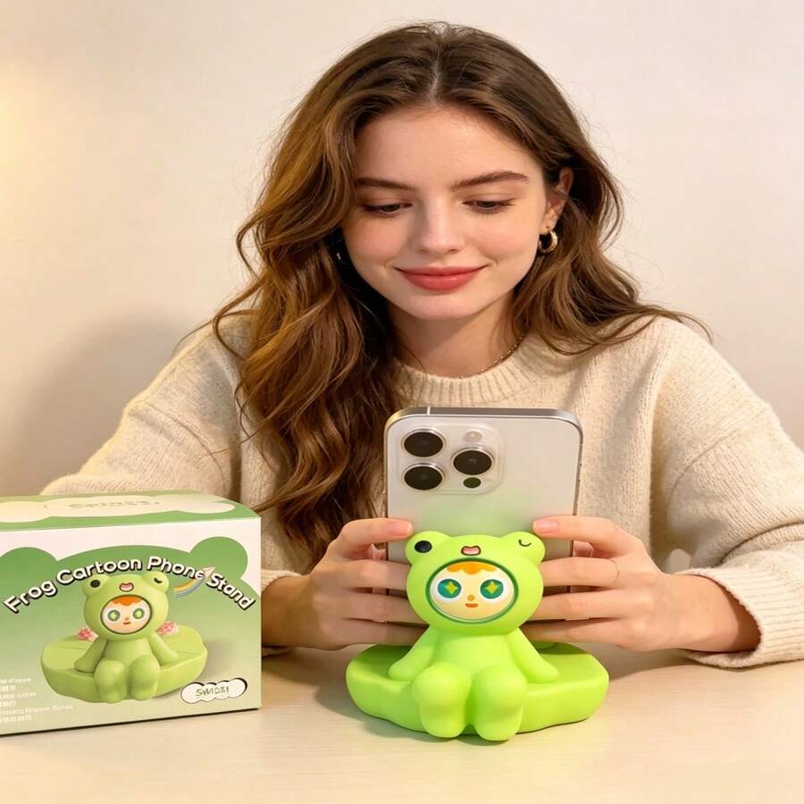 Cute Cartoon Frog Doll Phone Holder Stand, Soft Matte Silicone Cell Phone Bracket, Kawaii Aesthetic Desktop Decor Ornament, Universal Lazy Phone Mount For Bedroom Office Table, Lovely Gift For Teen Girls Anime Lovers - A - View 1