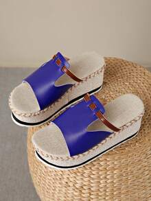 Sandales compensées pour femmes, style bohème classique, mode décontractée élégante et confortable, polyvalentes pour la plage et les complexes hôteliers, à semelle épaisse tressée en corde de chanvre - Bleu azur - Voir 6