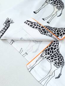 Women's 2pcs Pajama Set, Stylish Giraffe Animal Print, Silky Homewear & Outerwear, Short Sleeve Button Lapel Top & Shorts For Spring Summer - White - View 10