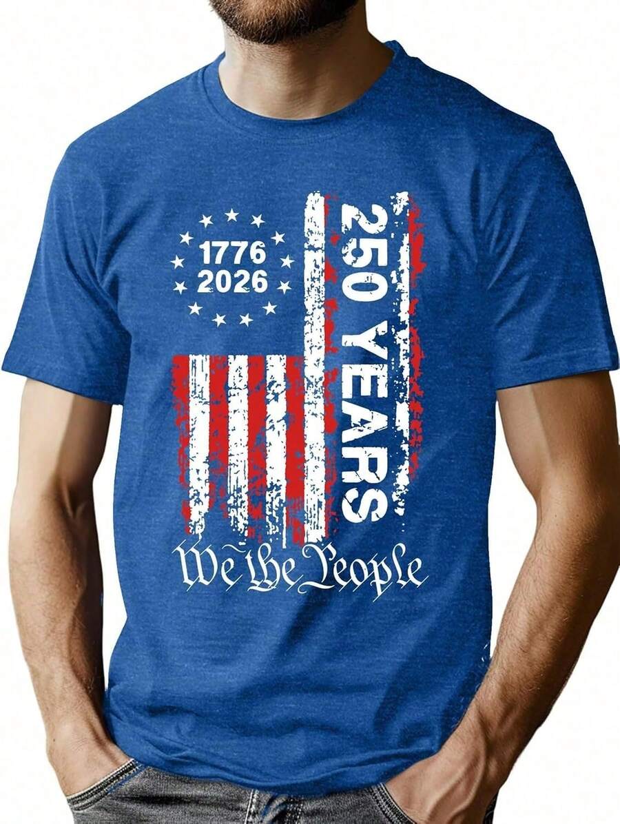 Men's 250th Anniversary US T-Shirt, American Flag T-Shirt, 4th Of July T-Shirt, 250th Anniversary Patriotic T-Shirts, Men's Cotton Graphic Tees And M - 藍色 - 查看 1