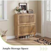 Shoe Cabinet, Shoe Storage Cabinet With 2 Flip Drawers With Slats, Narrow Shoe Cabinet Entryway, Freestanding Shoe Organizer Cabinet With Golden Handles, Slim LX89 - 天然木材 - 查看 3