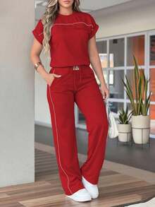2026 Conjunto de 2 piezas de mujer con top de cuello redondo de unicolor minimalista de manga corta y pantalones rectos de cintura alta - Rojo 66 - Ver 1