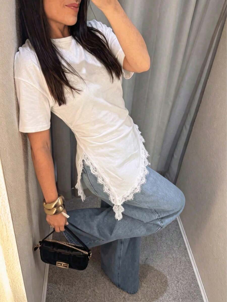 Camiseta de mujer de punto de unicolor con encaje en contraste, asimétrica/asimétrica, adecuada para el hogar, uso diario, vuelta al colegio, fiesta, casual de primavera/verano en color negr - Blanco - Ver 1