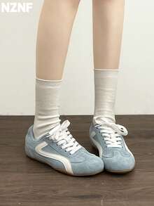 NZNF Giày thể thao đế bằng kiểu Đức cao cấp cho nữ, giày sneaker đa năng mới cho mùa thu phối hợp với váy - Màu xanh nhạt - Xem 6