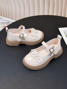 Spring/Autumn New Girls' Princess Shoes With 3D Petal And Pearl Decor, Soft Sole, Breathable, For Party And Banquet - Beige - View 5