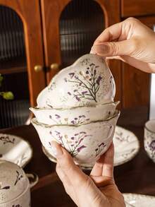 Vintage Lavender Hand-Painted Ceramic Bowl, Petal Rim Underglaze Floral Rice Bowl, Yogurt Oatmeal Breakfast Dessert Bowl For Home Kitchen Gift Idea - Multicolor - View 1