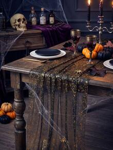 1pc Black Gold Sequin Table Runner,Broken Gold Gauze,Polyester Rectangular Sparkling Tablecloth,Wedding Table Runner,Birthday Babyshower Wedding Party Decoration,Halloween Party Decor,Happy Halloween Decorations For Home,Trick Or Treat Decor - Black Gold - View 11