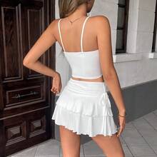 Minifalda negra de doble capa con volantes para mujer, cintura alta, cordón lateral, fruncida, fluida y en capas. - Negro - Ver 3