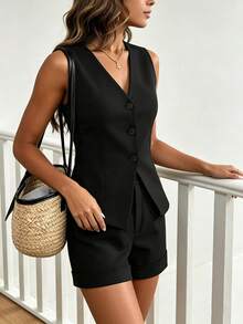 Elegantes lässiges Damen-Zweiteiler-Set einfarbig mit Knopfleiste vorne, Weste & Shorts, Slim Fit, Bürokleidung, Frühling/Sommer, Schwarz - Schwarz - Übersicht 4
