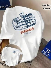 Short-Sleeved T-Shirt With Vintage Portuguese Canned Sardine Print, Nautical Style, New Summer Style,  Printed Short-Sleeved T-Shirt For Men, Casual Wear - 白色 - 查看 2