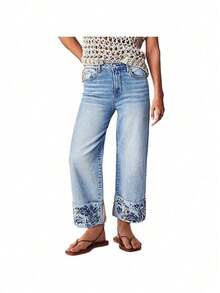 Pantalones vaqueros rectos de talle medio bordados de moda para mujer, artículo muy vendido y popular - Azul - Ver 5