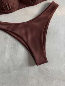 Bikinx Women's Solid Color Shell-Shaped Cup Bikini Set Spaghetti Strap Tie-Back Swimsuit Vacation - Coffee Brown - View 6