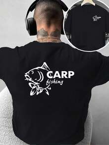 Camiseta de moda masculina con estampado creativo de doble cara con diseño de pesca de carpas, estilo casual para actividades al aire libre, para el ocio diario en casa o para activi - Negro - Ver 1
