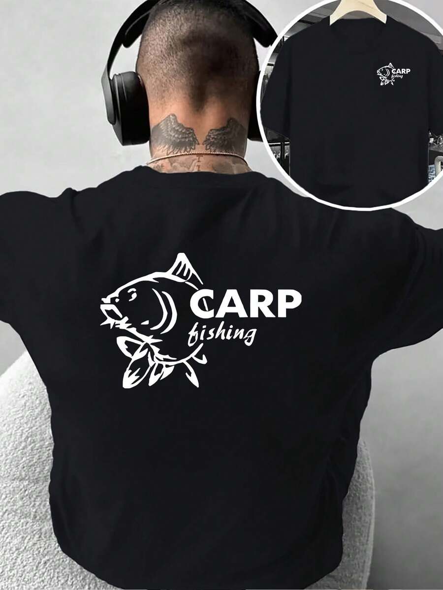 Camiseta de moda masculina con estampado creativo de doble cara con diseño de pesca de carpas, estilo casual para actividades al aire libre, para el ocio diario en casa o para activi - Negro - Ver 1