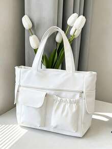 Bolso tote grande de color liso con múltiples bolsillos, sencillo y ligero, con capacidad para portátil, color morado. - Morado - Ver 1