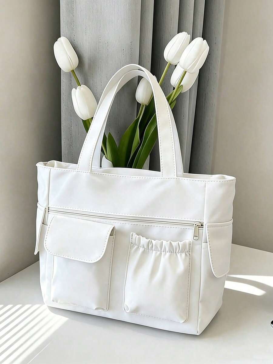 Bolso tote grande de color liso con múltiples bolsillos, sencillo y ligero, con capacidad para portátil, color morado. - Morado - Ver 1
