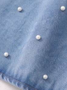 Falda vaquera multicapa decorada con perlas para niñas con cintura elástica, falda vaquera mini casual de línea A, de moda y versátil - Lavado ligero - Ver 7