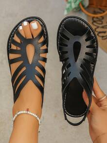 Vintage Hollow Open Toe Women's Flat Sandals, Solid Color Synthetic Leather Upper, Elastic Heel Strap, Casual Vacation, Lightweight And Breathable - Black Open-toe - View 1