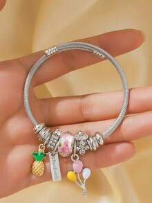 1pc Summer Fruit Pendant Bracelet, Titanium Steel Material Fashion Women's Jewelry - Silver - View 6