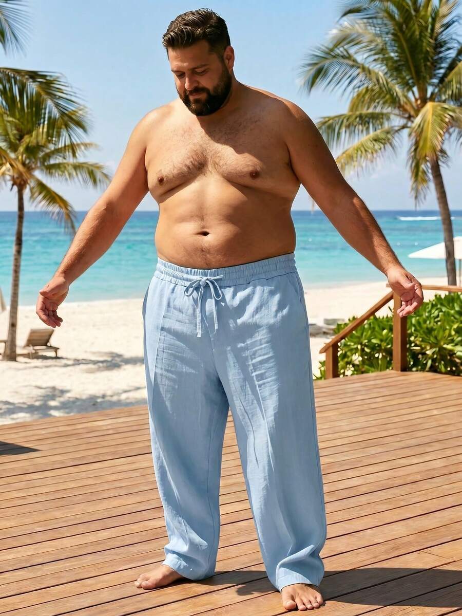 男士大尺碼 1XL-6XL 寬鬆直筒亞麻休閒長褲,夏威夷度假風海灘長褲 - 淺藍色 - 查看 1