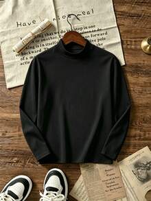 Kaos Lengan Panjang Kerah Tinggi Warna Polos untuk Anak Laki-laki Remaja, Atasan Kasual Serbaguna sebagai Lapisan Dasar - Hitam - View 3