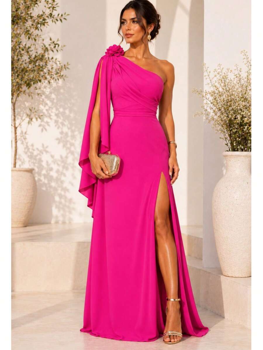 Bridesmaid Dress For Party Guests Reception Graduation Without Shine Cape Sleeve In Fluity Cpom Flower Brooch - 玫紅色 - 查看 1