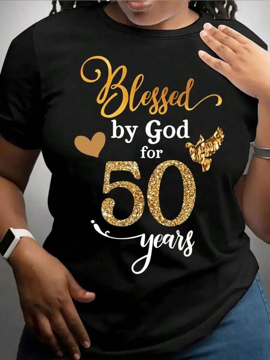 Women's T-Shirt "God Bless You 50 Years", With Glitter Number, Round Neck And Short Sleeves, Ideal For Any Season - Black Everyday Wear - 黑色 - 查看 1