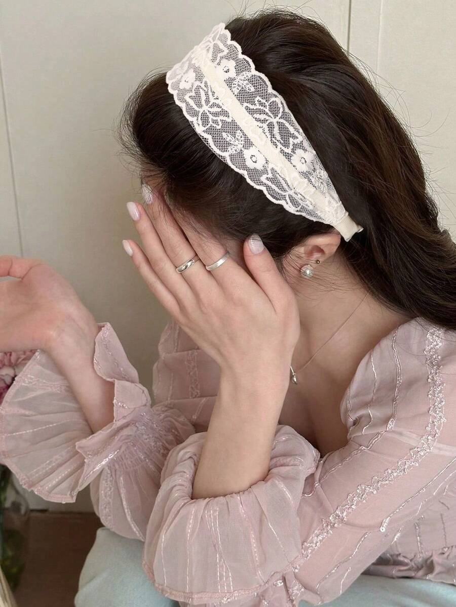 1pc White Lace Trim Hairband, Fresh Pastoral Style Hair Accessory, Versatile For Daily Wear And Photography Headband - White - View 1