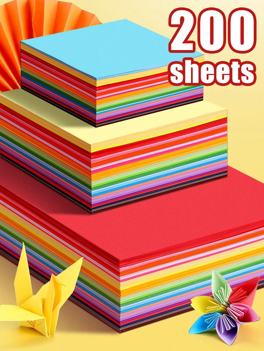 200 Sheets 10 Colors Colored Cardstock, Double-Sided Origami Craft Paper, DIY Art Classroom Supplies, Paper Art Scrapbooking Crafting Multi-Size Vibrant Thick Art Paper, Artistic Craft Stationery - Origami - View 1