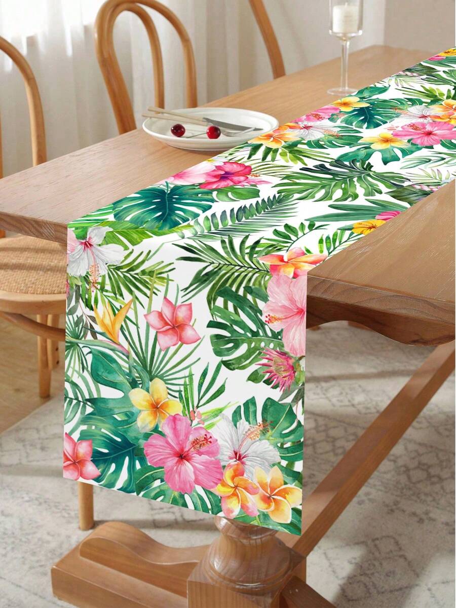 1件夏威夷風桌旗，180*35cm 花卉龜背葉圖案聚酯纖維桌布，夏威夷主題生日派對用品桌旗