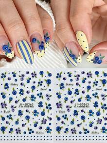 Summer Blueberry Fruit Nail Stickers, Vintage Polka Dot Design, Charming French Manicure, Fresh Summer Style 5D Embossed Nail Art - Multicolor - View 9