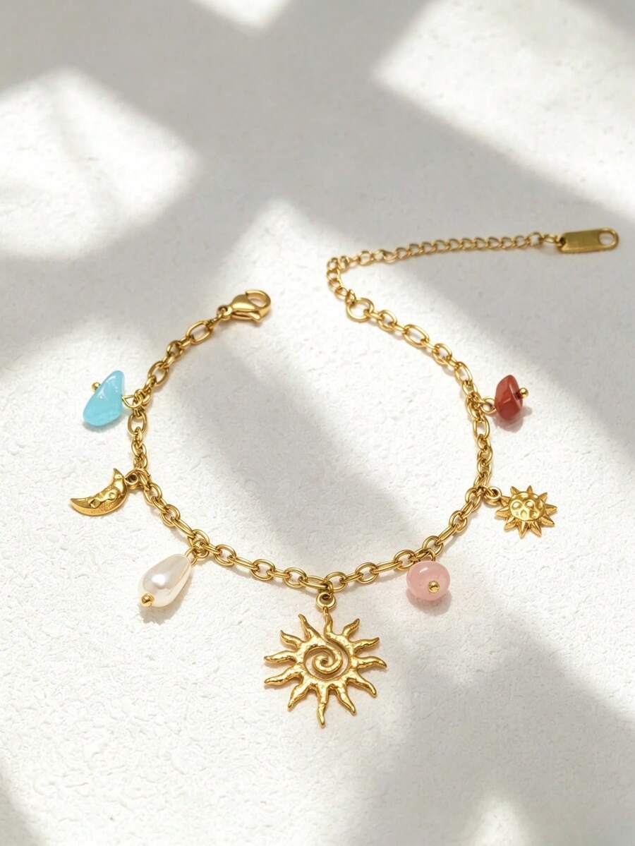 1件 18K鍍金不鏽鋼女式手鍊,太陽設計,月亮吊墜,天然石飾,多彩,風格,多巴胺穿搭,波希米亞風,精美禮物,女式珠寶,金色手鍊,迴紋針鏈條,優雅手鍊 - 金色 - 查看 1