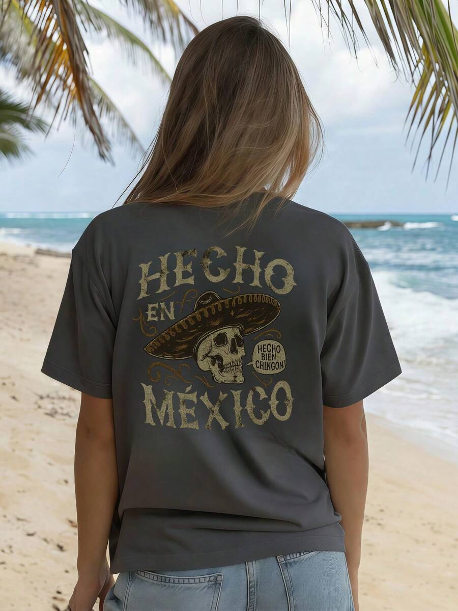 Camiseta informal de manga corta con cuello redondo y estampado para mujer, versátil para un estilo urbano diario. - Gris Oscuro - Ver 1