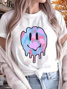 Colorful Melted Smiling Face Print Fashionable Summer Women's T-Shirt Top Short Sleeved Round Neck Casual Women's Clothing Drop-Shoulder T-Shirt With Expression Print Playas Para Mujer,Pla - 白色 - 查看 1