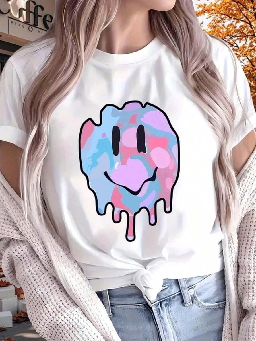 Colorful Melted Smiling Face Print Fashionable Summer Women's T-Shirt Top Short Sleeved Round Neck Casual Women's Clothing Drop-Shoulder T-Shirt With Expression Print Playas Para Mujer,Pla - 白色 - 查看 1