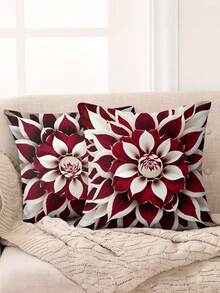 Juego de 1/2/4 fundas de almohada con estampado plano 2D para primavera/verano, con patrones florales en contraste de color burdeos y tonos. Sin bordado real, con impresión de un solo lado, sin rellenos de almohada incluidos. Adecuado para sofá y sala de estar - Rojo y blanco - Ver 1